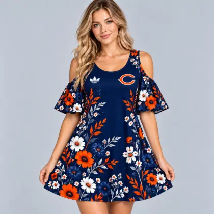 Chicago Bears | Premium NFL Elegant Floral Print Cold Shoulder Ruffle Sleeve A-Line Mini Dress NDN