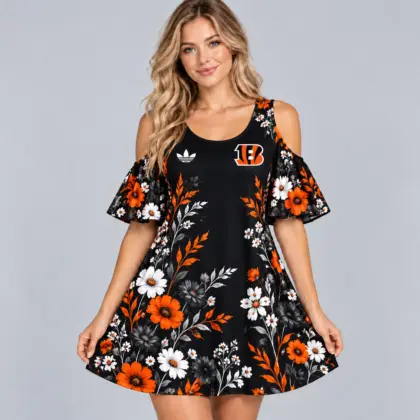 Cincinnati Bengals | Premium NFL Elegant Floral Print Cold Shoulder Ruffle Sleeve A-Line Mini Dress NDN