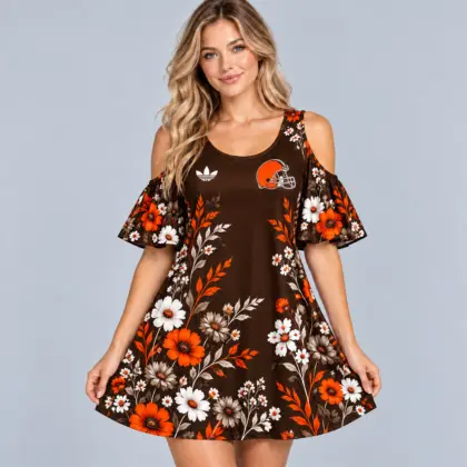 Cleveland Browns | Premium NFL Elegant Floral Print Cold Shoulder Ruffle Sleeve A-Line Mini Dress NDN