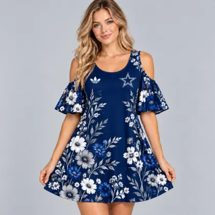 Dallas Cowboys | Premium NFL Elegant Floral Print Cold Shoulder Ruffle Sleeve A-Line Mini Dress NDN