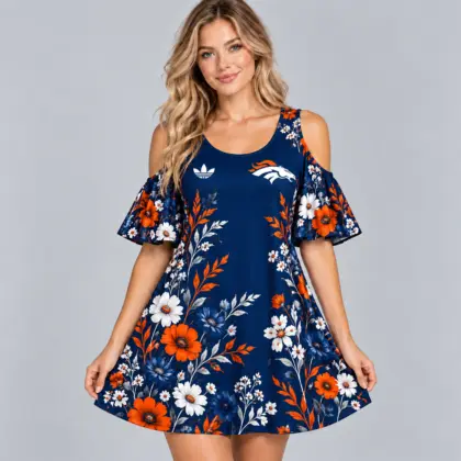 Denver Broncos | Premium NFL Elegant Floral Print Cold Shoulder Ruffle Sleeve A-Line Mini Dress NDN