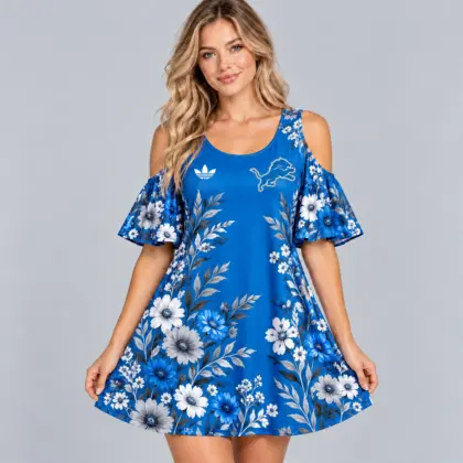Detroit Lions | Premium NFL Elegant Floral Print Cold Shoulder Ruffle Sleeve A-Line Mini Dress NDN