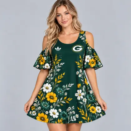 Green Bay Packers | Premium NFL Elegant Floral Print Cold Shoulder Ruffle Sleeve A-Line Mini Dress NDN