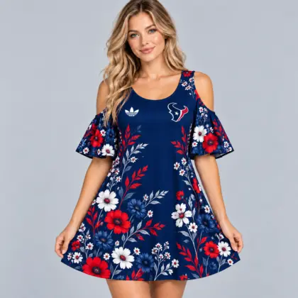 Houston Texans | Premium NFL Elegant Floral Print Cold Shoulder Ruffle Sleeve A-Line Mini Dress NDN