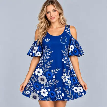 Indianapolis Colts | Premium NFL Elegant Floral Print Cold Shoulder Ruffle Sleeve A-Line Mini Dress NDN