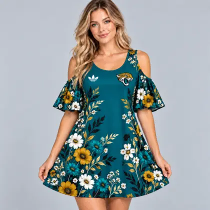 Jacksonville Jaguars | Premium NFL Elegant Floral Print Cold Shoulder Ruffle Sleeve A-Line Mini Dress NDN