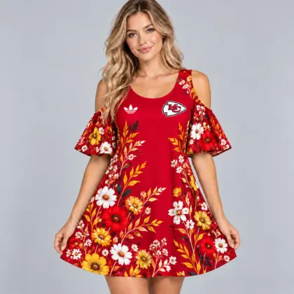 Kansas City Chiefs | Premium NFL Elegant Floral Print Cold Shoulder Ruffle Sleeve A-Line Mini Dress NDN