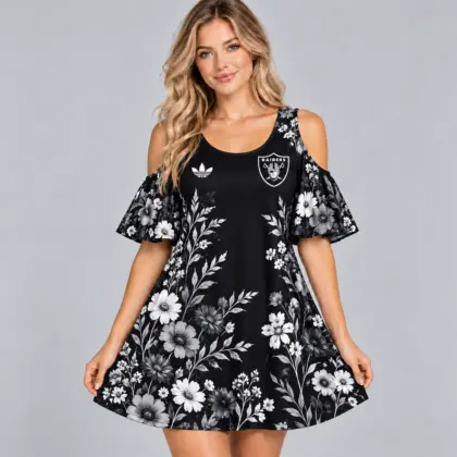Las Vegas Raiders | Premium NFL Elegant Floral Print Cold Shoulder Ruffle Sleeve A-Line Mini Dress NDN
