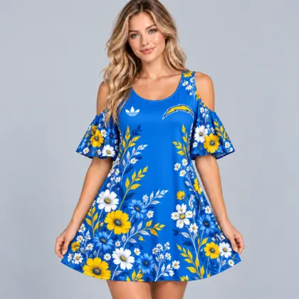 Los Angeles Chargers | Premium NFL Elegant Floral Print Cold Shoulder Ruffle Sleeve A-Line Mini Dress NDN