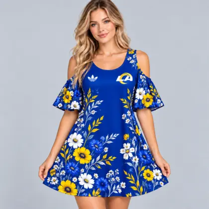 Los Angeles Rams | Premium NFL Elegant Floral Print Cold Shoulder Ruffle Sleeve A-Line Mini Dress NDN