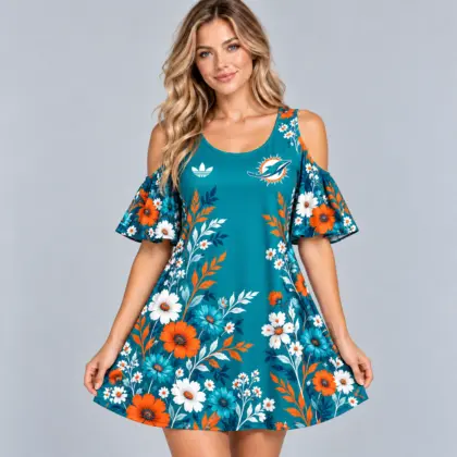 Miami Dolphins | Premium NFL Elegant Floral Print Cold Shoulder Ruffle Sleeve A-Line Mini Dress NDN
