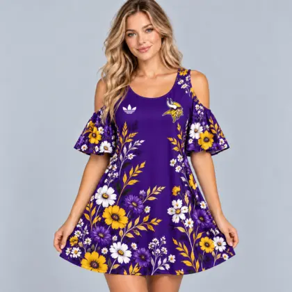 Minnesota Vikings | Premium NFL Elegant Floral Print Cold Shoulder Ruffle Sleeve A-Line Mini Dress NDN