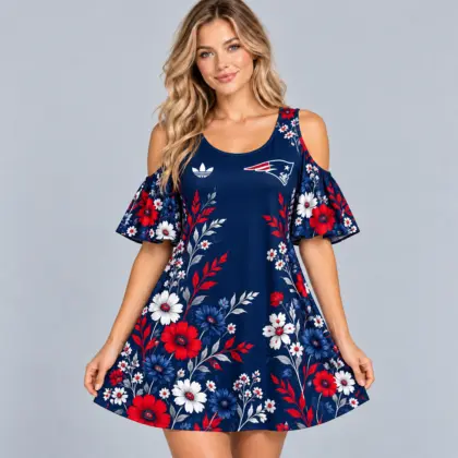 New England Patriots | Premium NFL Elegant Floral Print Cold Shoulder Ruffle Sleeve A-Line Mini Dress NDN