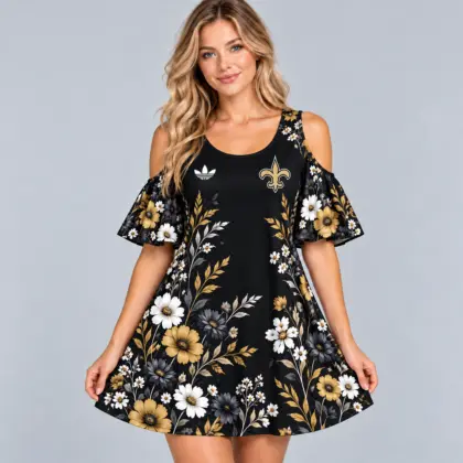 New Orleans Saints | Premium NFL Elegant Floral Print Cold Shoulder Ruffle Sleeve A-Line Mini Dress NDN