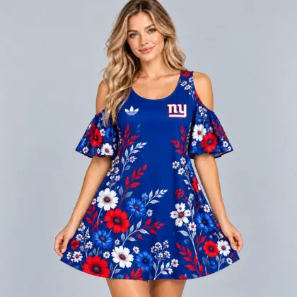 New York Giants | Premium NFL Elegant Floral Print Cold Shoulder Ruffle Sleeve A-Line Mini Dress NDN
