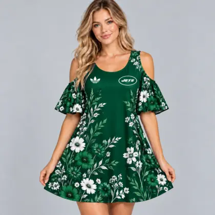 New York Jets | Premium NFL Elegant Floral Print Cold Shoulder Ruffle Sleeve A-Line Mini Dress NDN