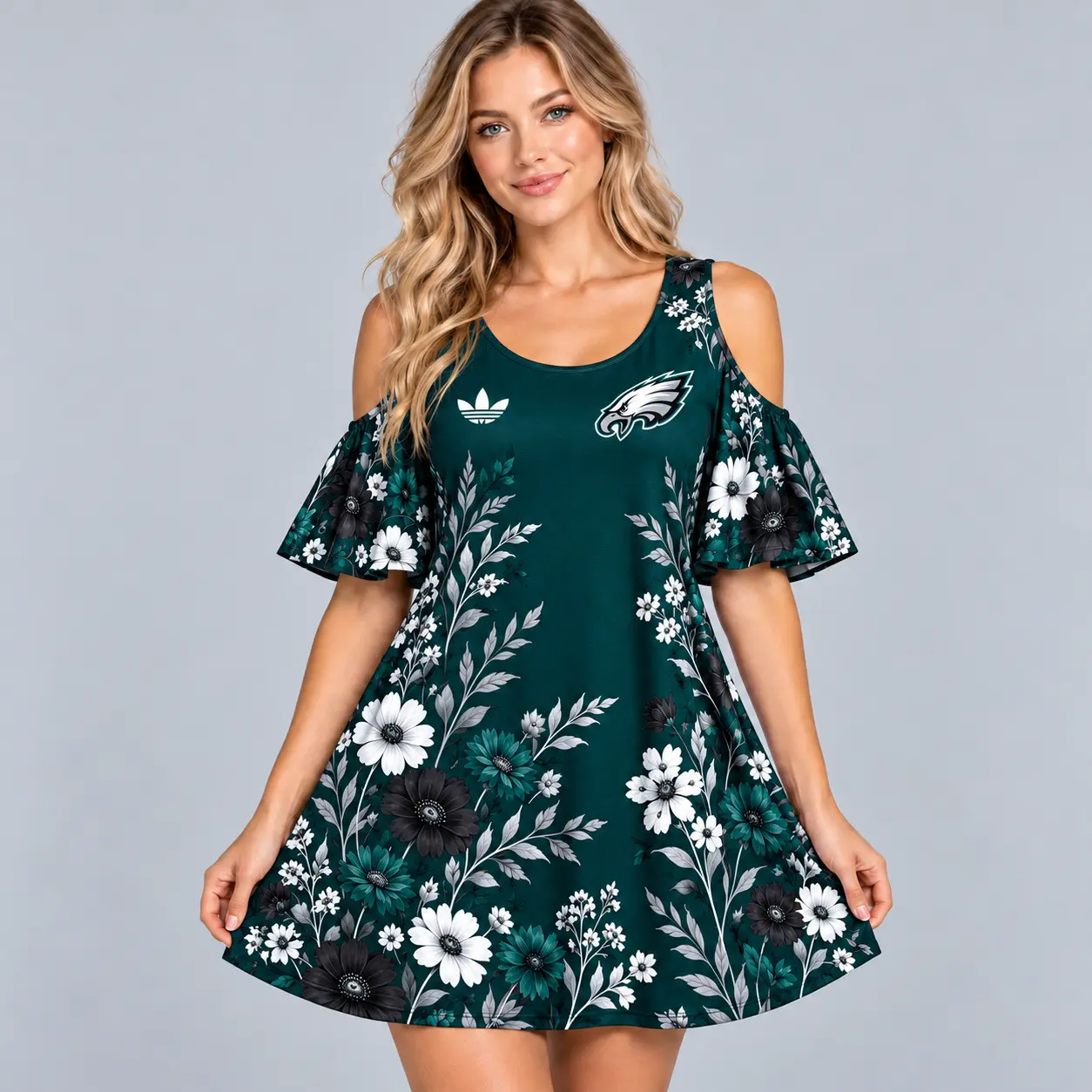Philadelphia Eagles | Premium NFL Elegant Floral Print Cold Shoulder Ruffle Sleeve A-Line Mini Dress NDN