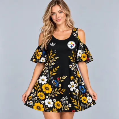 Pittsburgh Steelers | Premium NFL Elegant Floral Print Cold Shoulder Ruffle Sleeve A-Line Mini Dress NDN