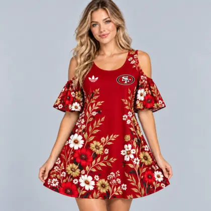 San Francisco 49ers | Premium NFL Elegant Floral Print Cold Shoulder Ruffle Sleeve A-Line Mini Dress NDN