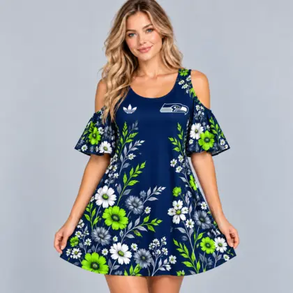 Seattle Seahawks | Premium NFL Elegant Floral Print Cold Shoulder Ruffle Sleeve A-Line Mini Dress NDN