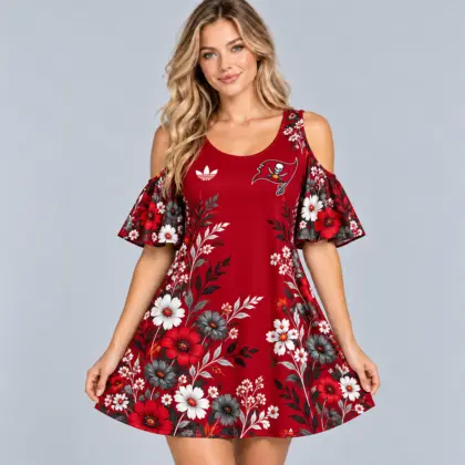 Tampa Bay Buccaneers | Premium NFL Elegant Floral Print Cold Shoulder Ruffle Sleeve A-Line Mini Dress NDN
