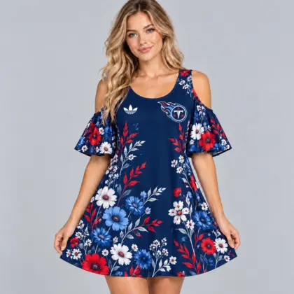 Tennessee Titans | Premium NFL Elegant Floral Print Cold Shoulder Ruffle Sleeve A-Line Mini Dress NDN