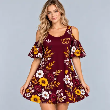 Washington Commanders | Premium NFL Elegant Floral Print Cold Shoulder Ruffle Sleeve A-Line Mini Dress NDN