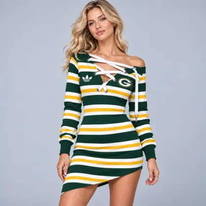 Green Bay Packers | Premium NFL Chic Horizontal Stripe Lace Up Off Shoulder Long Sleeve Bodycon Mini Dress NDN