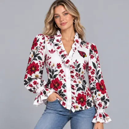 Arizona Cardinals | Premium NFL Vintage Botanical Floral Print Ruffle Neck Button Down Long Sleeve Blouse NDN