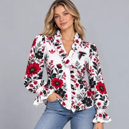 Atlanta Falcons | Premium NFL Vintage Botanical Floral Print Ruffle Neck Button Down Long Sleeve Blouse NDN