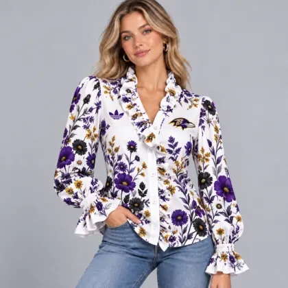 Baltimore Ravens | Premium NFL Vintage Botanical Floral Print Ruffle Neck Button Down Long Sleeve Blouse NDN