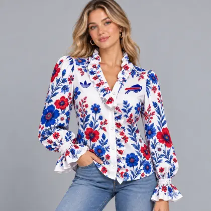 Buffalo Bills | Premium NFL Vintage Botanical Floral Print Ruffle Neck Button Down Long Sleeve Blouse NDN