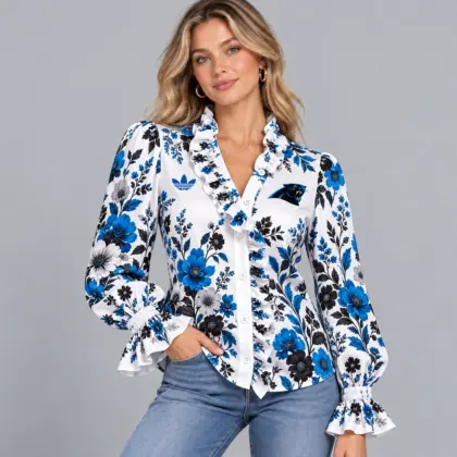Carolina Panthers | Premium NFL Vintage Botanical Floral Print Ruffle Neck Button Down Long Sleeve Blouse NDN