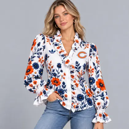 Chicago Bears | Premium NFL Vintage Botanical Floral Print Ruffle Neck Button Down Long Sleeve Blouse NDN