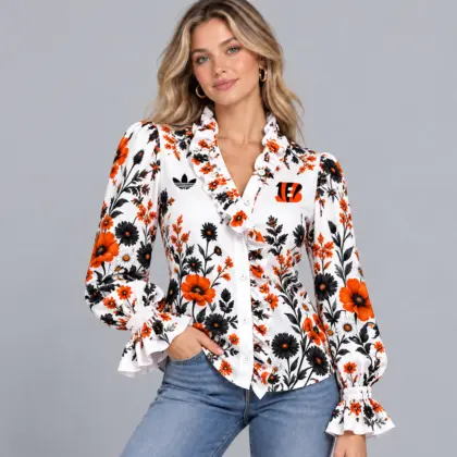 Cincinnati Bengals | Premium NFL Vintage Botanical Floral Print Ruffle Neck Button Down Long Sleeve Blouse NDN