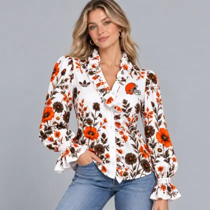 Cleveland Browns | Premium NFL Vintage Botanical Floral Print Ruffle Neck Button Down Long Sleeve Blouse NDN