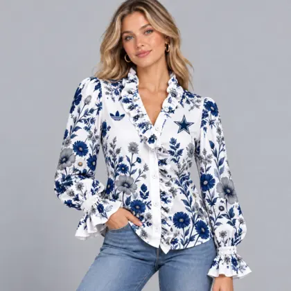 Dallas Cowboys | Premium NFL Vintage Botanical Floral Print Ruffle Neck Button Down Long Sleeve Blouse NDN