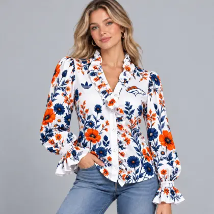 Denver Broncos | Premium NFL Vintage Botanical Floral Print Ruffle Neck Button Down Long Sleeve Blouse NDN