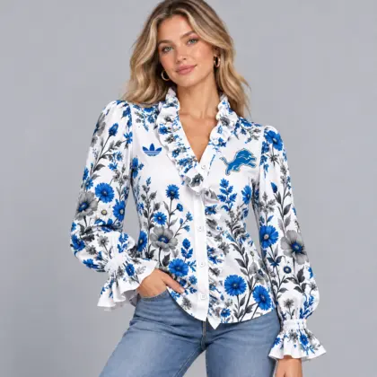 Detroit Lions | Premium NFL Vintage Botanical Floral Print Ruffle Neck Button Down Long Sleeve Blouse NDN