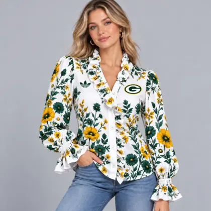 Green Bay Packers | Premium NFL Vintage Botanical Floral Print Ruffle Neck Button Down Long Sleeve Blouse NDN