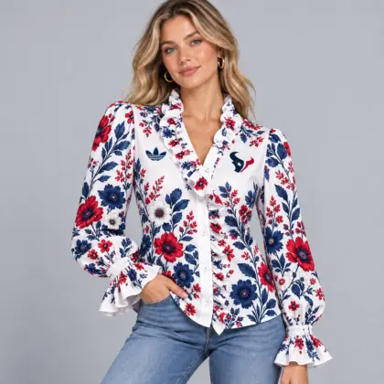 Houston Texans | Premium NFL Vintage Botanical Floral Print Ruffle Neck Button Down Long Sleeve Blouse NDN