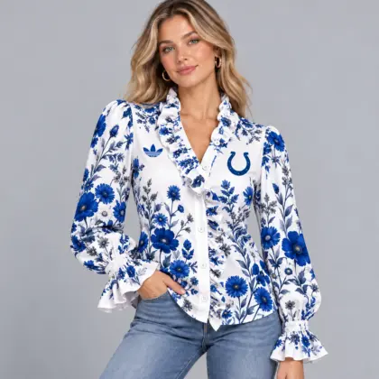 Indianapolis Colts | Premium NFL Vintage Botanical Floral Print Ruffle Neck Button Down Long Sleeve Blouse NDN