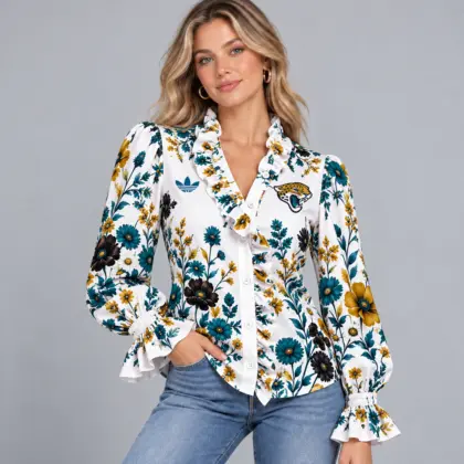 Jacksonville Jaguars | Premium NFL Vintage Botanical Floral Print Ruffle Neck Button Down Long Sleeve Blouse NDN