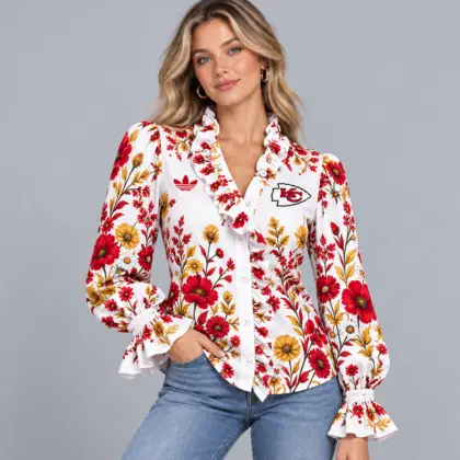 Kansas City Chiefs | Premium NFL Vintage Botanical Floral Print Ruffle Neck Button Down Long Sleeve Blouse NDN