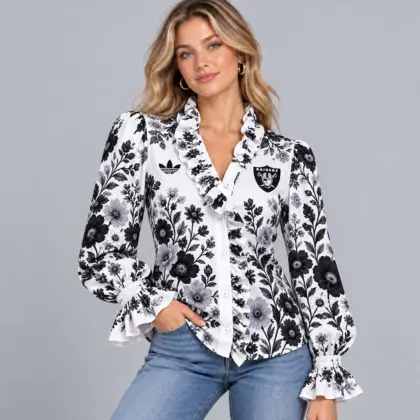 Las Vegas Raiders | Premium NFL Vintage Botanical Floral Print Ruffle Neck Button Down Long Sleeve Blouse NDN