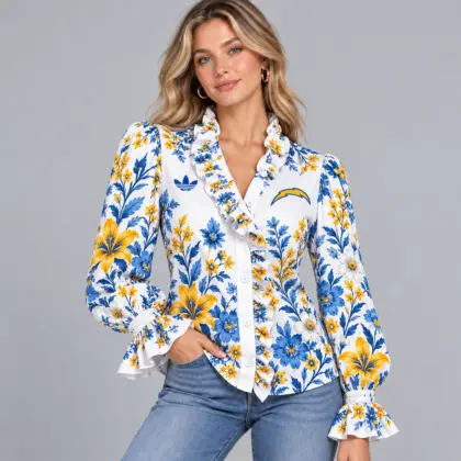 Los Angeles Chargers | Premium NFL Vintage Botanical Floral Print Ruffle Neck Button Down Long Sleeve Blouse NDN