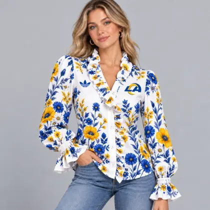 Los Angeles Rams | Premium NFL Vintage Botanical Floral Print Ruffle Neck Button Down Long Sleeve Blouse NDN