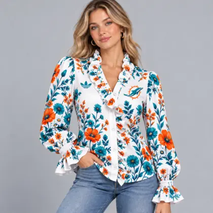 Miami Dolphins | Premium NFL Vintage Botanical Floral Print Ruffle Neck Button Down Long Sleeve Blouse NDN