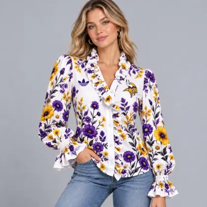 Minnesota Vikings | Premium NFL Vintage Botanical Floral Print Ruffle Neck Button Down Long Sleeve Blouse NDN