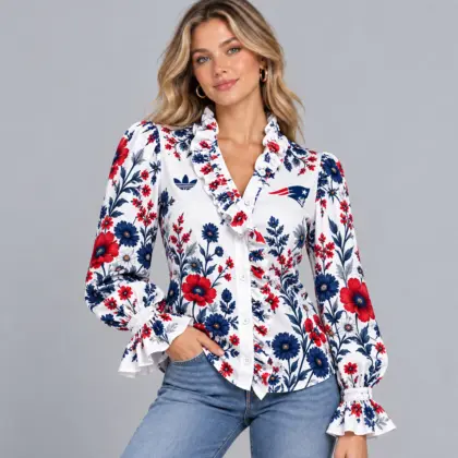 New England Patriots | Premium NFL Vintage Botanical Floral Print Ruffle Neck Button Down Long Sleeve Blouse NDN
